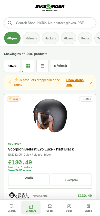 BikeAndRider motorcycle gear comparison screen showing product filters and prices