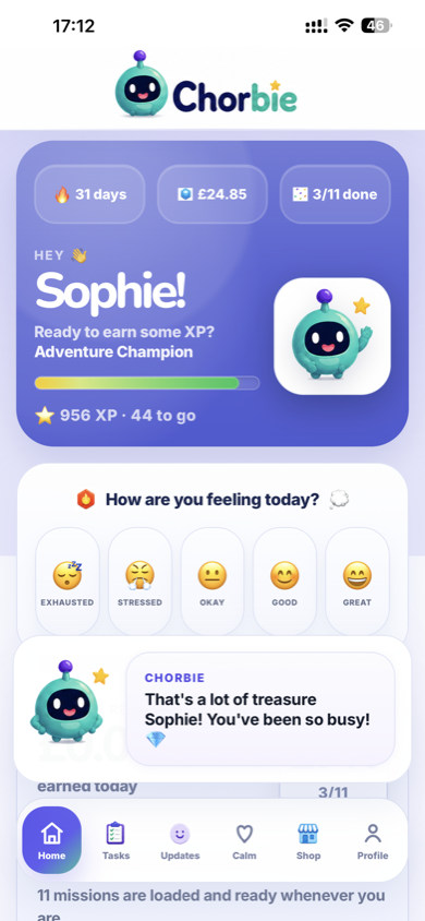 Chorbie home screen — mobile-first web app designed and built by Hull Digital